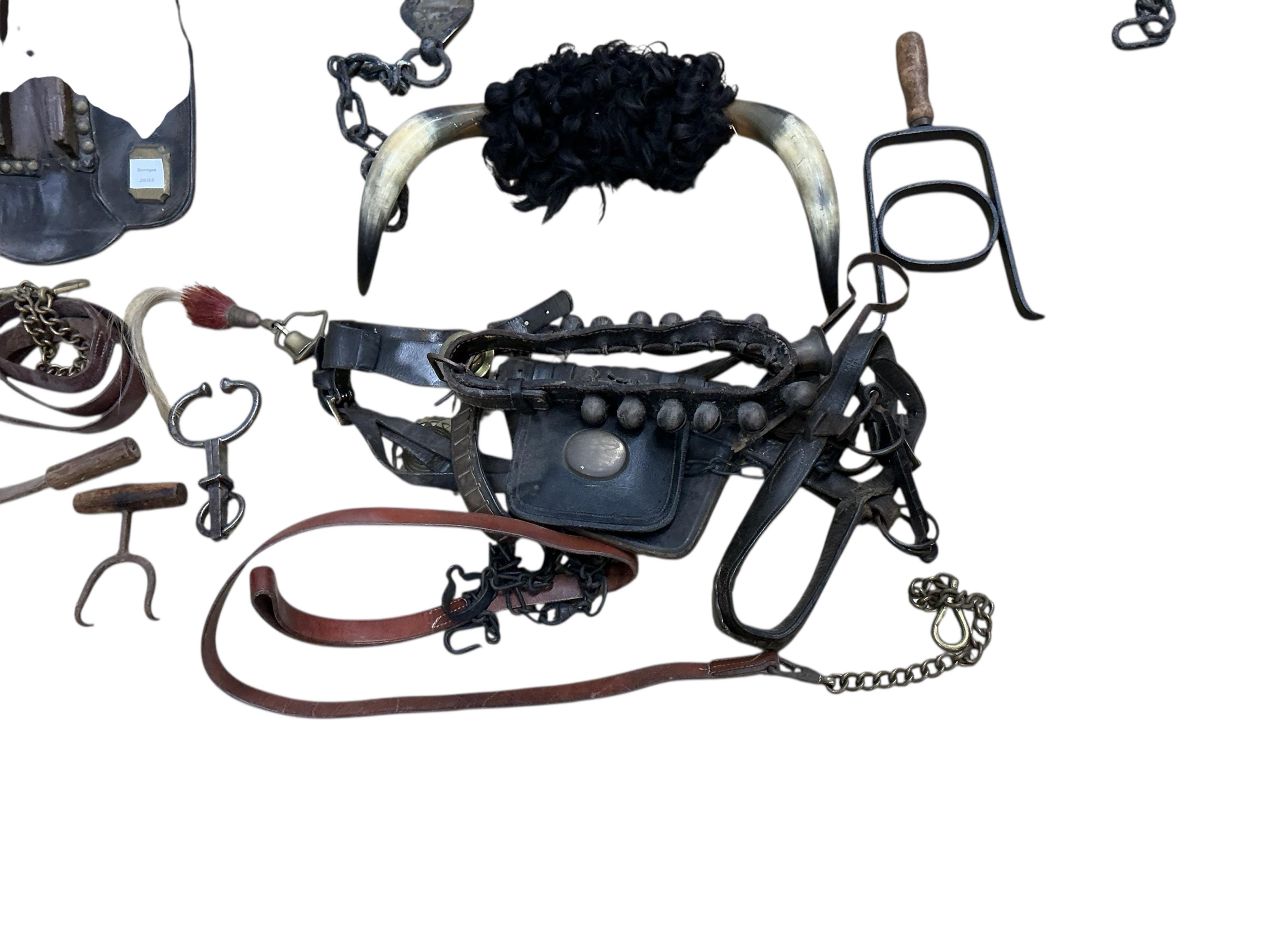 A group of 19th century agricultural items, a shire horse show bridle, etc